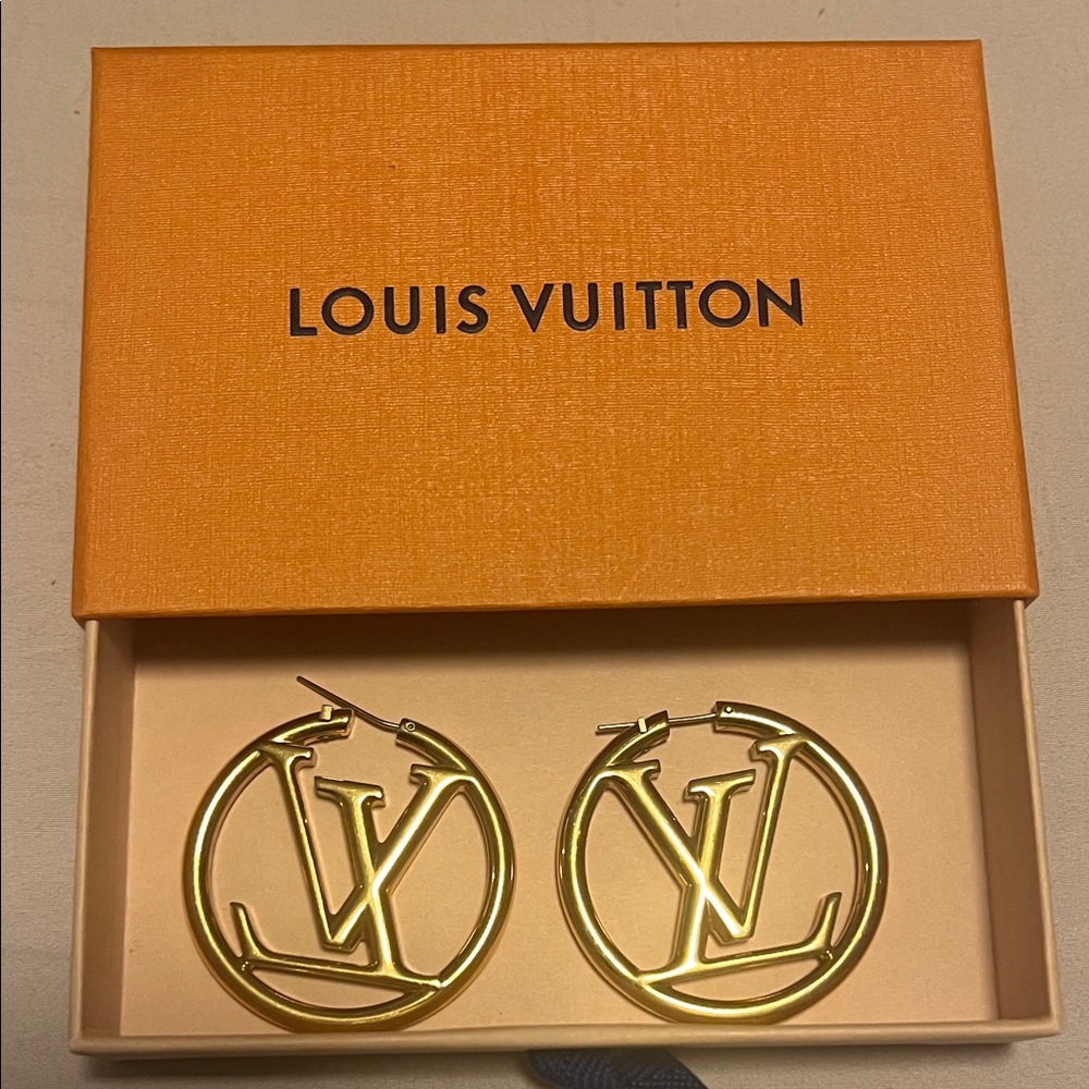 Louis Vuitton Gold Logo Hoop Earrings
